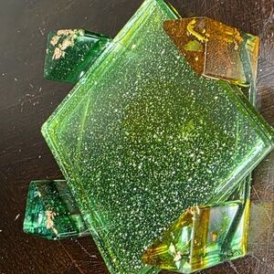 Green and Gold Glitter Resin Coaster And Coaster Holder